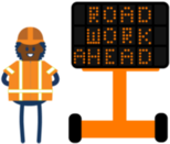icon showing construction worker with portable message board saying "road work ahead" 