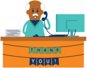 icon showing someone speaking on the phone with a banner saying "thank you!"