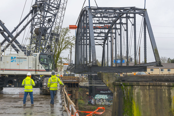 Last truss of the old Van Buren Bridge being removed. 