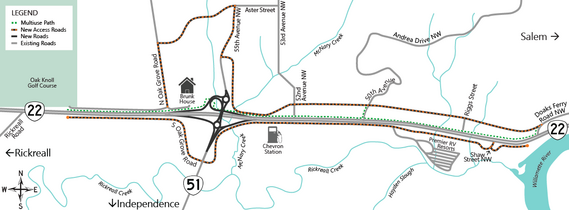 Map showing the OR 22 and OR 51 interchange and access roads