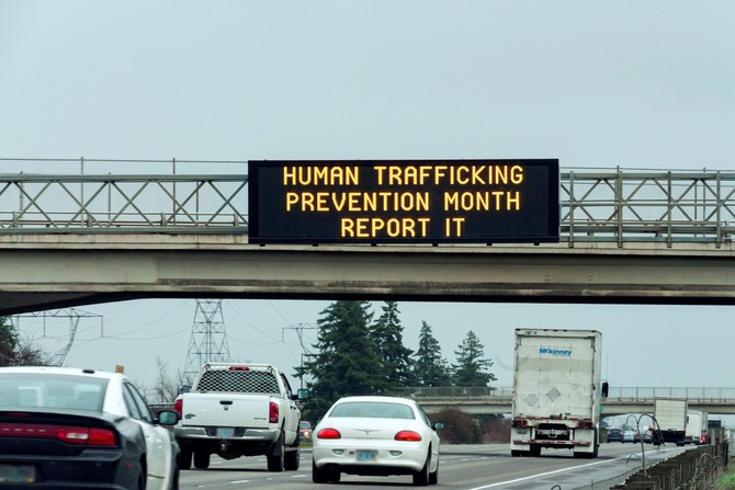 Human trafficking awareness message over I-5 near Woodburn.