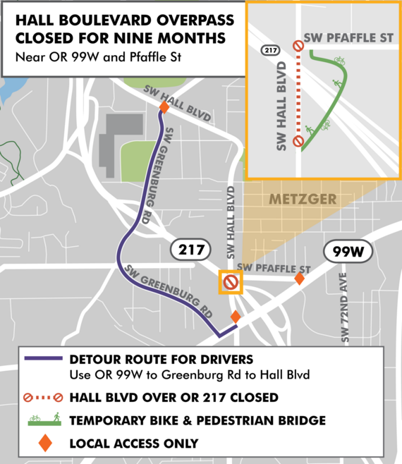 Hall Boulevard overpass closure detour map
