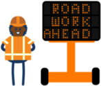 construction worker with road work ahead message board icon