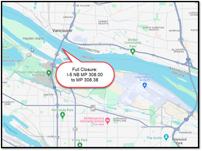 I-5 NB MP 308.00 to MP 308.38 Full Closure