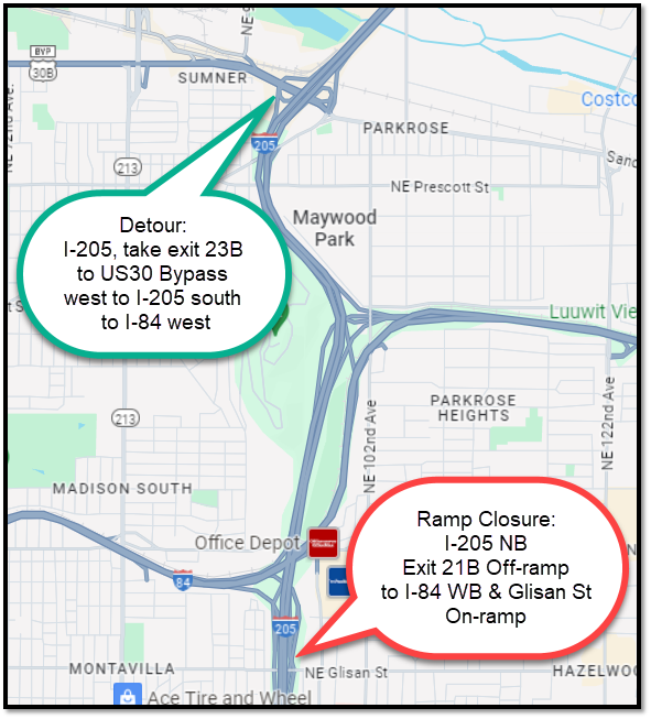I-205 NB Exit 21B off-ramp to I-84 WB & Glisan St On-Ramp closures