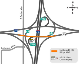 Map showing construction work on eastbound I-105