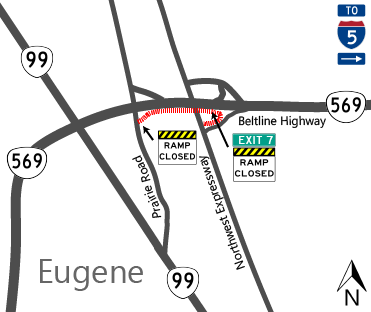 map showing lane and ramp closures