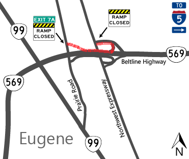 map showing lane and ramp closures