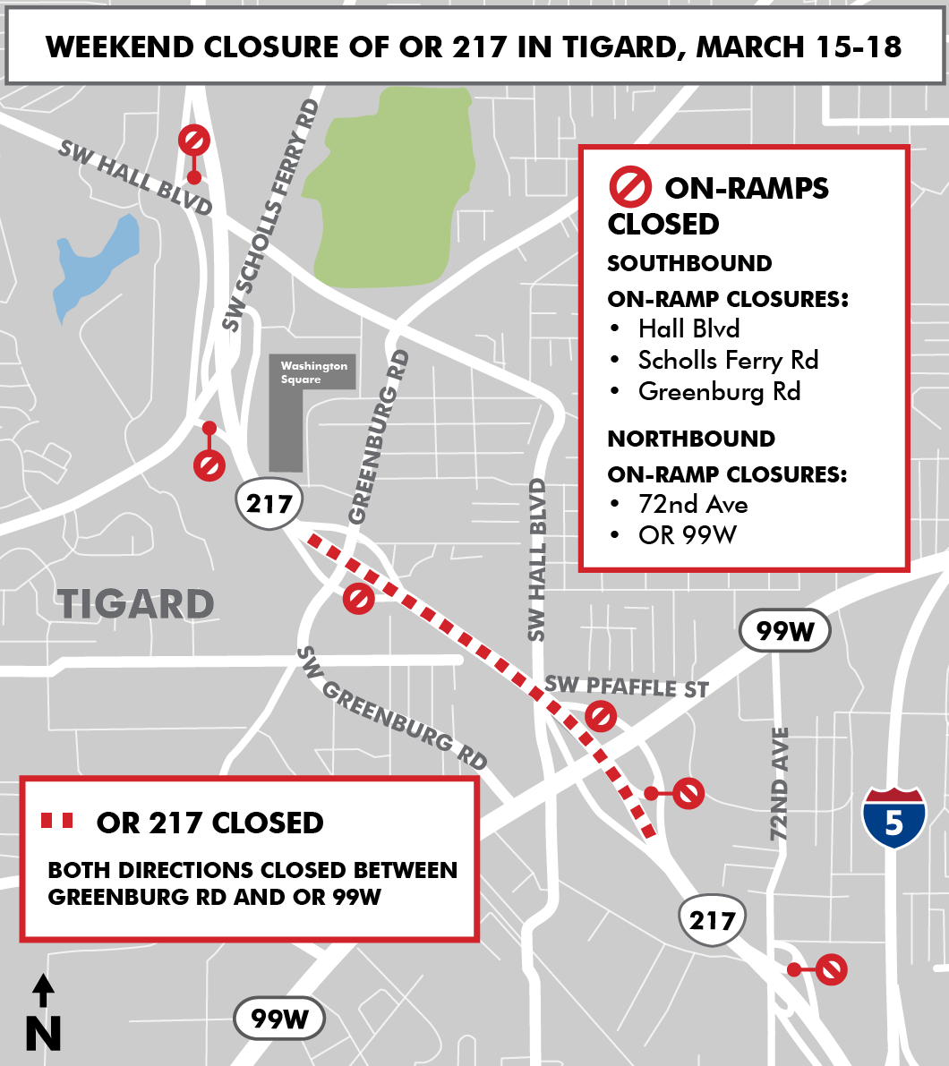 Map showing the location of the OR 217 closure the weekend of March 15-18.
