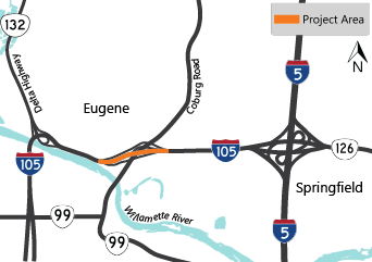 Map of project area highlighting the I-105 bridge over Coburg Road