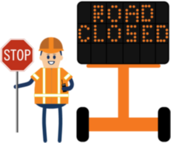 road closed message sign with flagger icon