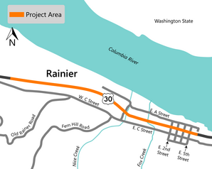 Map showing ADA curb ramp locations in Rainier on U.S. 30