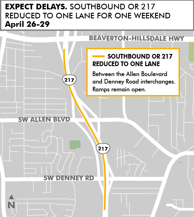 Map of lane closure on OR 217 south