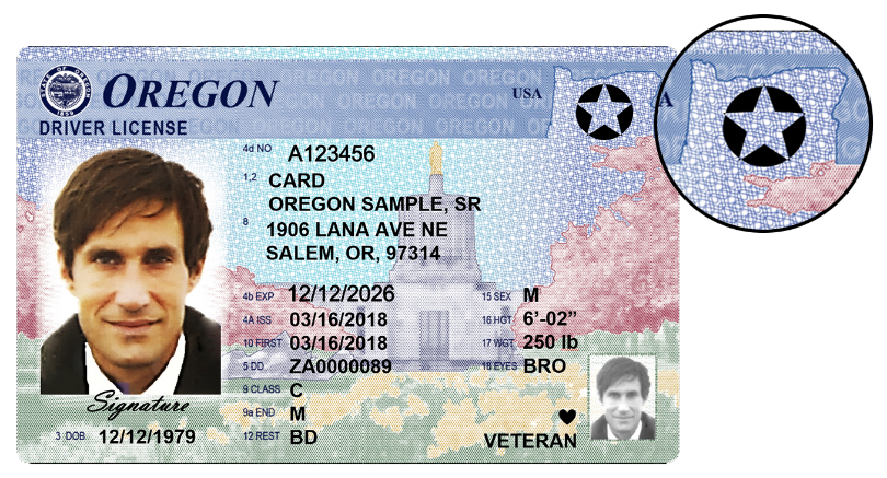 Oregon driver license sample card showing Real ID star