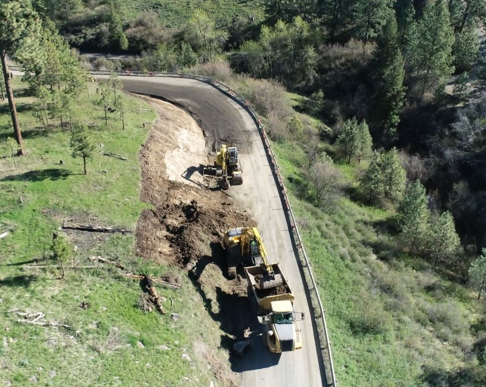 Aerial view of construction on Morgan Lake Road in La Grande.