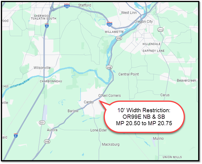 OR99E NB & SB MP 20.50 to MP 20.75 10' Width Restriction Canby