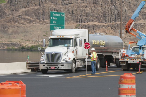A truck waits at a work zone