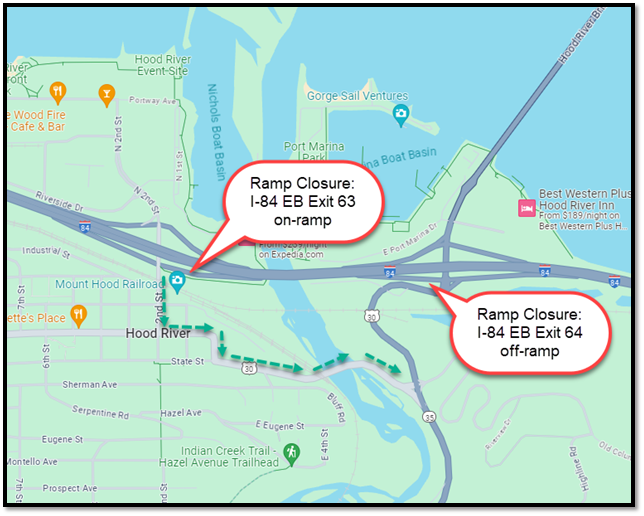 I-84 EB Exit 63 on-ramp and Exit 64 off-ramp closures