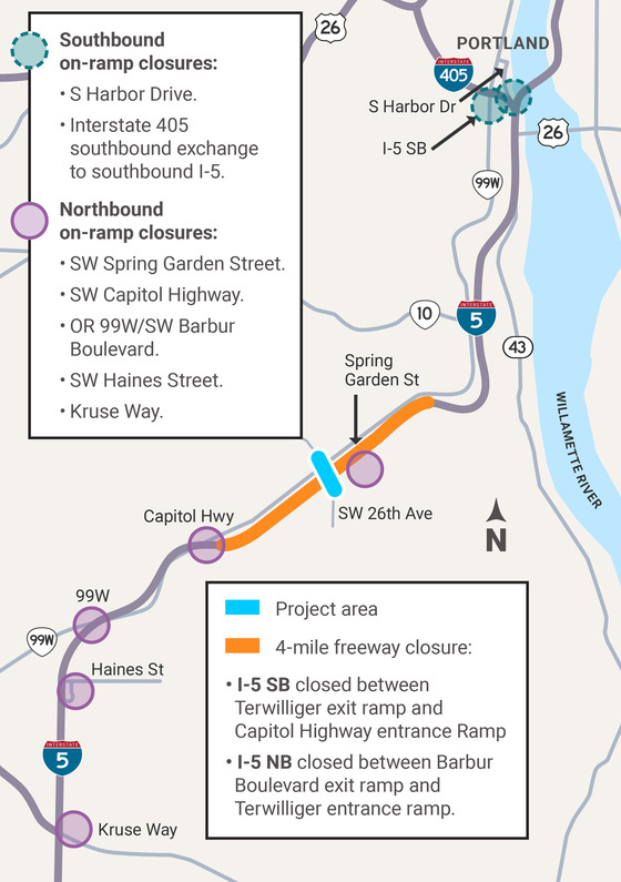 I-5 closure map and on-ramp closures