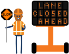 lane closed ahead message board with flagger icon