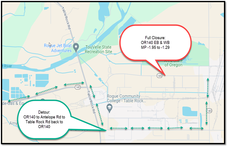 Full Closure: OR140 EB & WB MP -1.95 to MP -1.29 (White City)