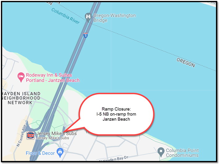 I-5 NB on-ramp from Janzen Beach Full Closure
