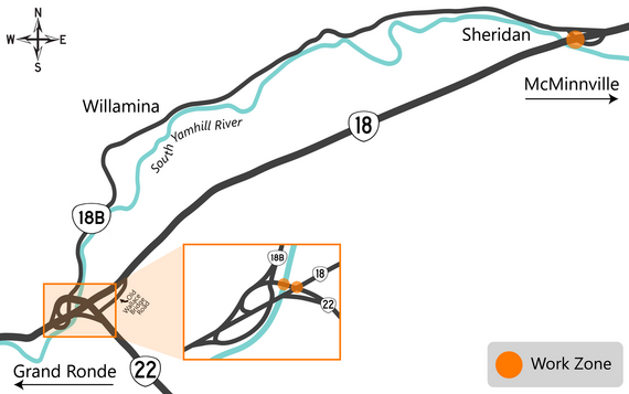 Map showing the three bridge work zones