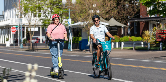 Rolling through town on shared bikes and e-scooters
