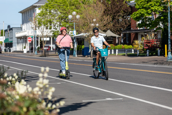 Rolling through town on shared bikes and e-scooters