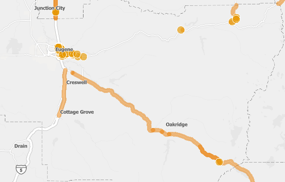 Image of map showing active construction in Eugene/Springfield