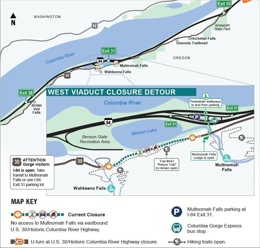 Historic Highway closed west of Multnomah Falls. No access to Multnomah Falls heading eastbound. Use I-84 Exit 31.