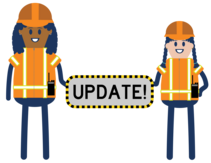 construction worker icons holding sign that says Update!