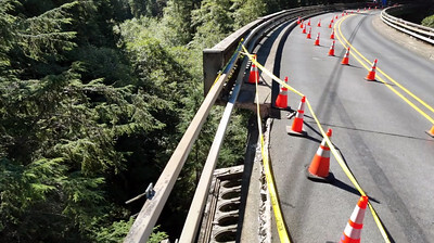 Photo of bridge and guardrail damage to Necarney Creek Bridge