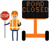 road closed message board with flagger icon