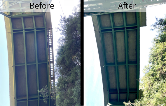 Before and after photo of the underside of Necarney Creek Bridge