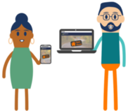 Community people holding phone and laptop with online open house sign on screen