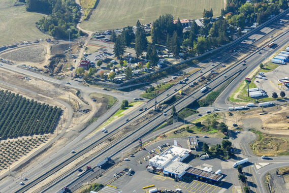 Aerial view of construction over the Aurora-Donald Interchange