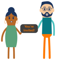 People icon holding You're Invited sign