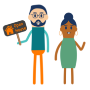 Community people holding online open house sign