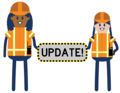 construction worker icons holding sign that says Update!