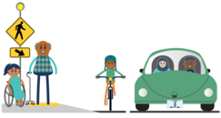 Community people with different abilities and ages next to and on a curb ramp.