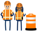 Construction workers icon standing next to orange barrel