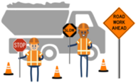 Construction workers standing next to work truck and cones holding signs that say SLOW and STOP