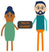 Community people holding sign that says You're Invited