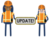 Icon of community construction workers holding sign that reads UPDATE between them. 