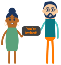 Icon of two community people holding sign that says YOU'RE INVITED between them.
