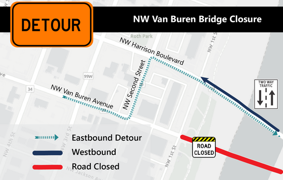 Detour map showing NW Van Buren Avenue detour bridge closed and two-way traffic onto NW Harrison Boulevard