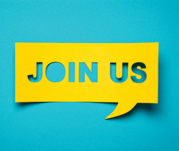 Join us text on turquoise background