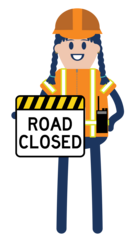 construction worker holding road closed sign