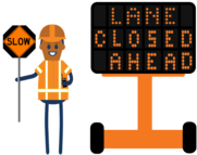 icon of construction worker holding sign that says slow next to VMS board that reads LANE CLOSED AHEAD